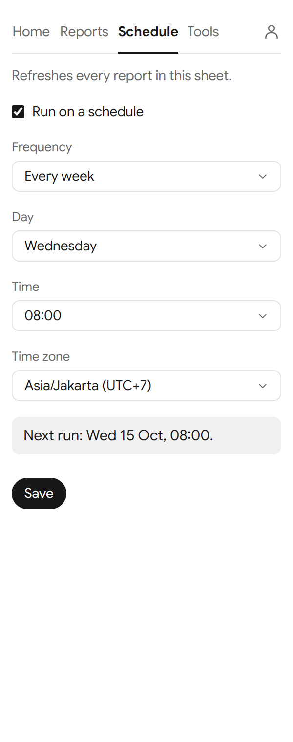 The Schedule tab with Run on a schedule ticked, every week on Wednesday at 08:00